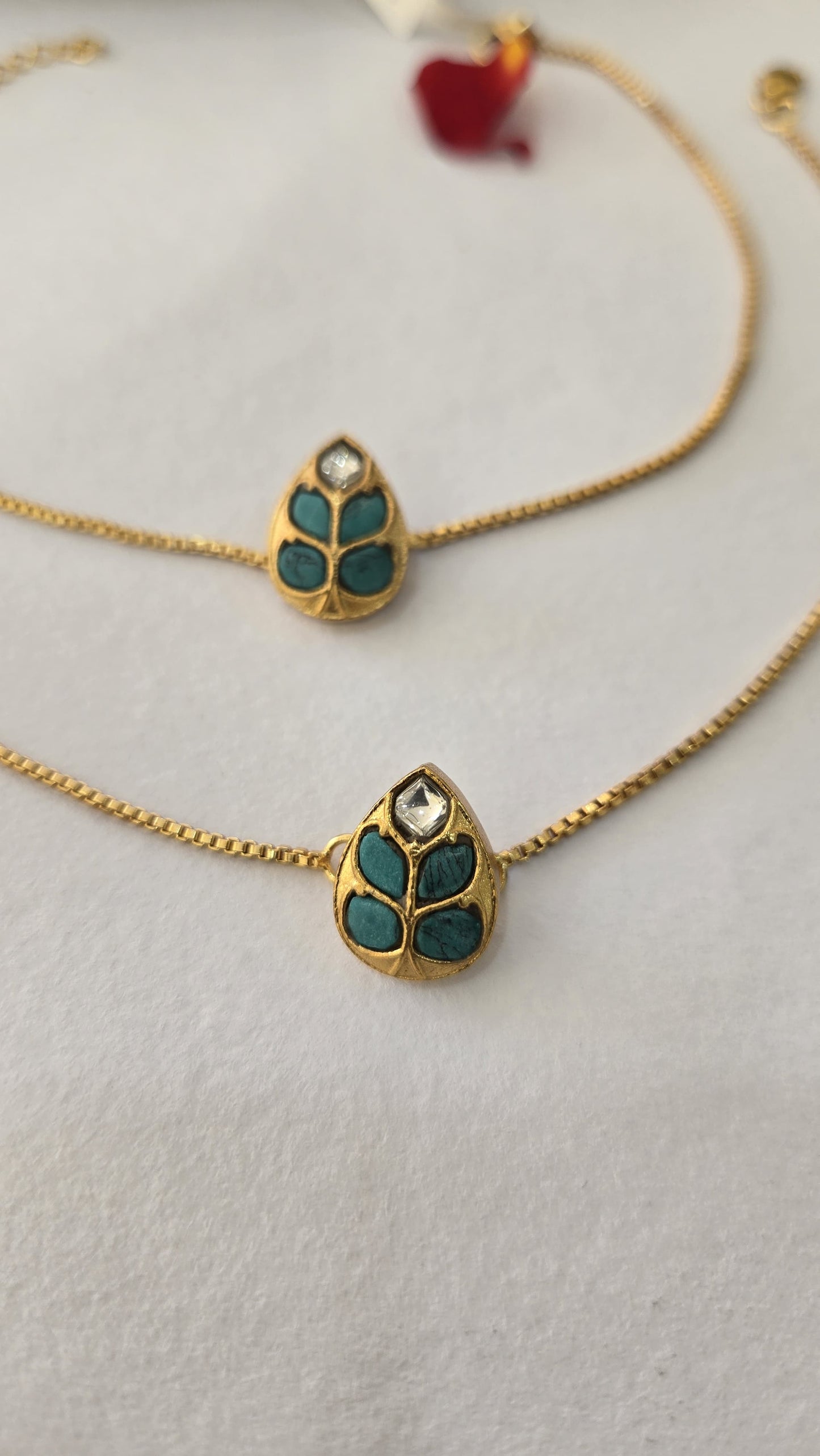 92.5 silver with 24k gold polish Kundan Anklets with turquoise leaf motifs