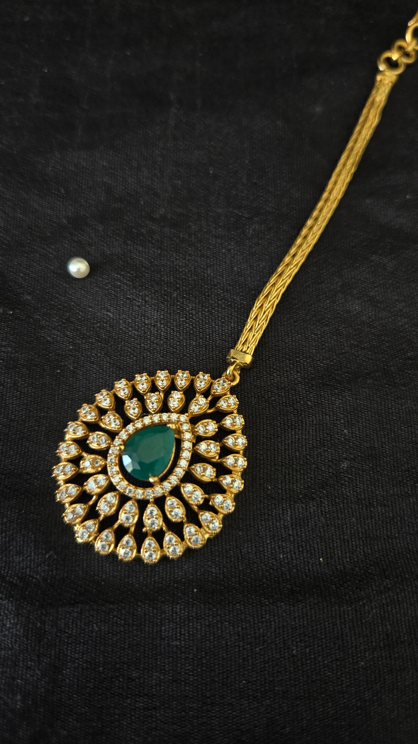 Cz maang tikka with center green stone