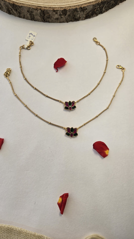 92.5 Silver with 24k gold polish Kundan Anklets with Lotus motifs