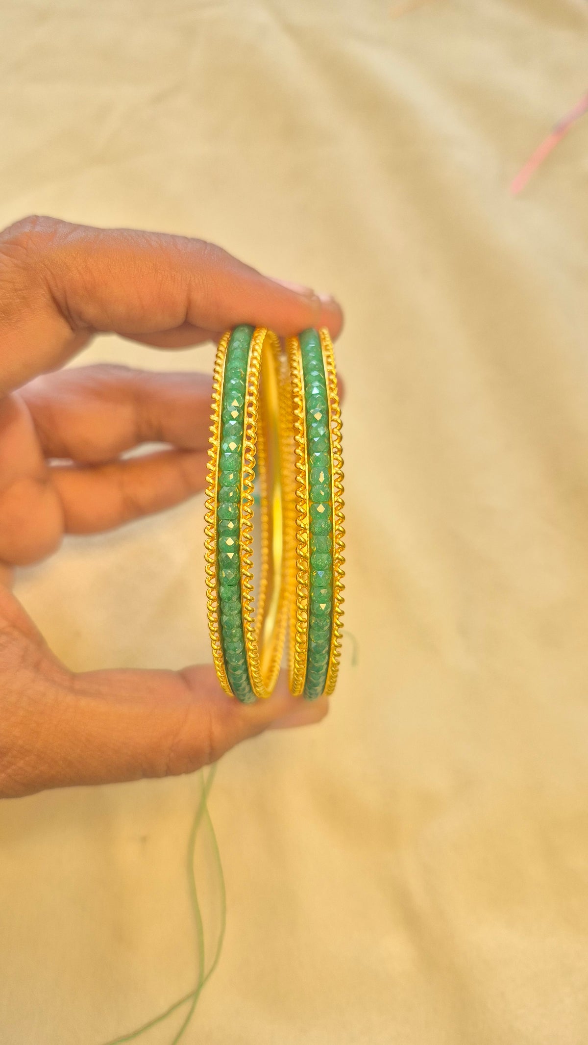 Green Beads Silver String for Colour Changeable Bangle (1 Pair)