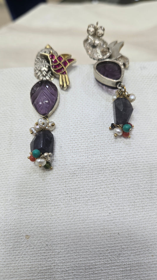 Dual tone oxidised earring with semiprecious stones and kundan bird motifs