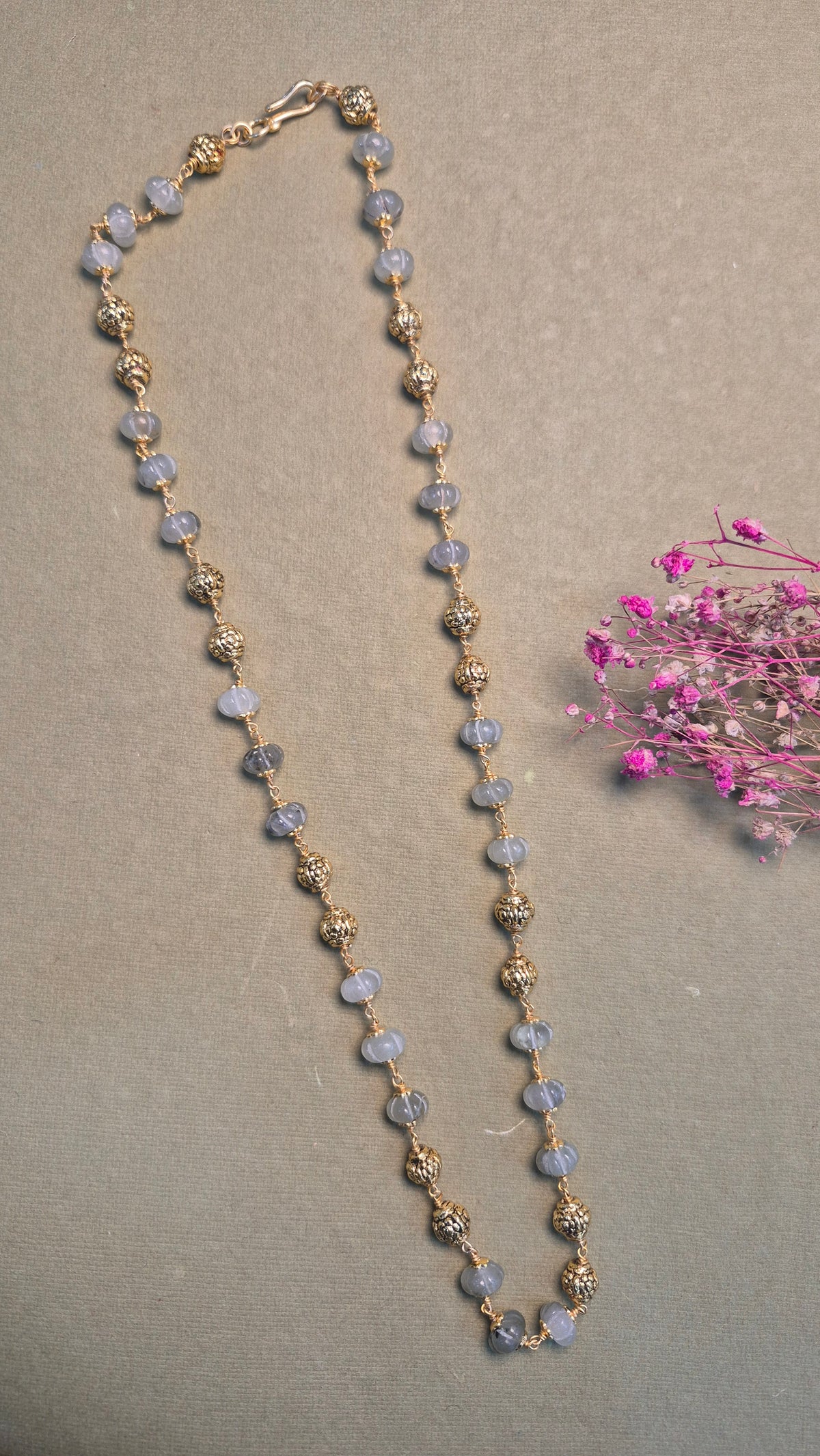 Pumpkin carved strawbery Quartz mala with silver balls