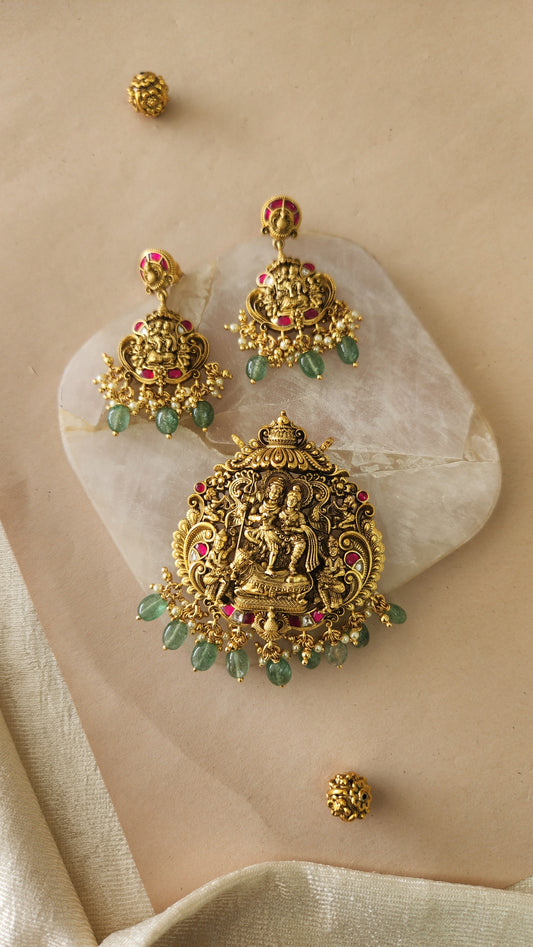Shiva Parvathi beads 3D kundan pendant set
