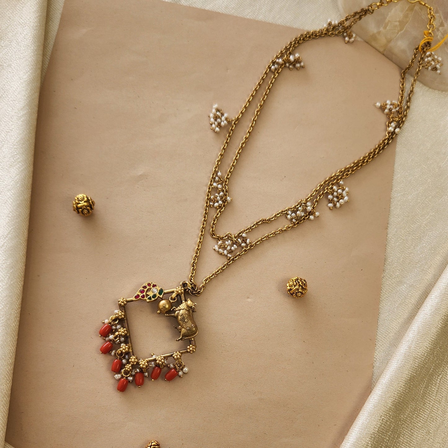 Contemporary pichwai double layer haram with pearls