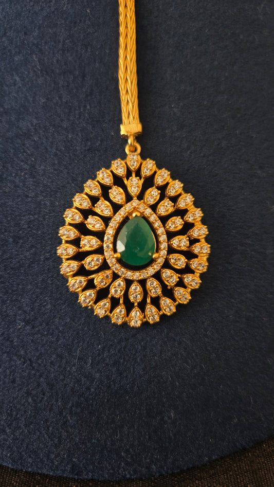 Cz maang tikka with center green stone