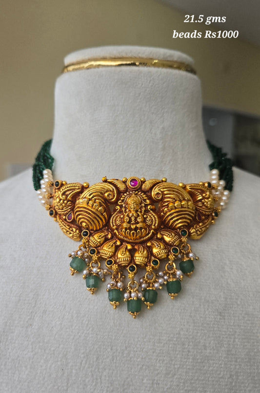 Green Beads with Laxmi Nagas pendant choker necklace