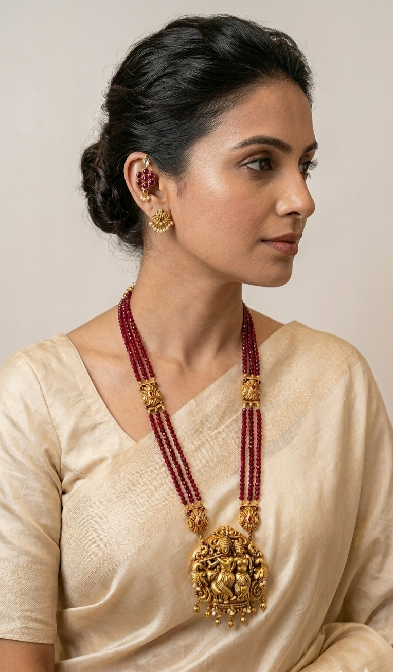 Red Beads Radha Krishna Nakas Long Necklace