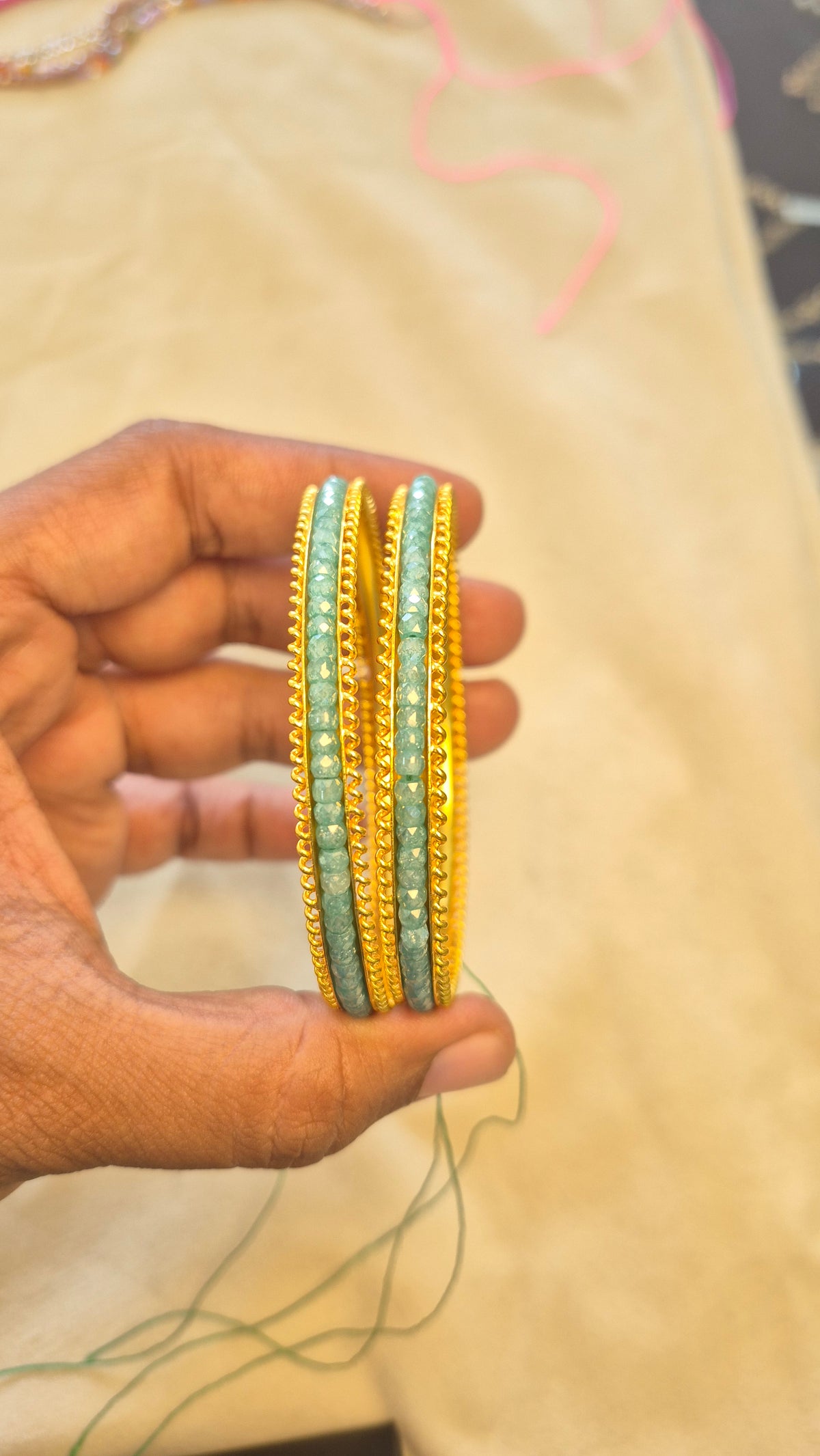 Pale Green Beads in Silver String for Colour Changeable Bangle (1 Pair)