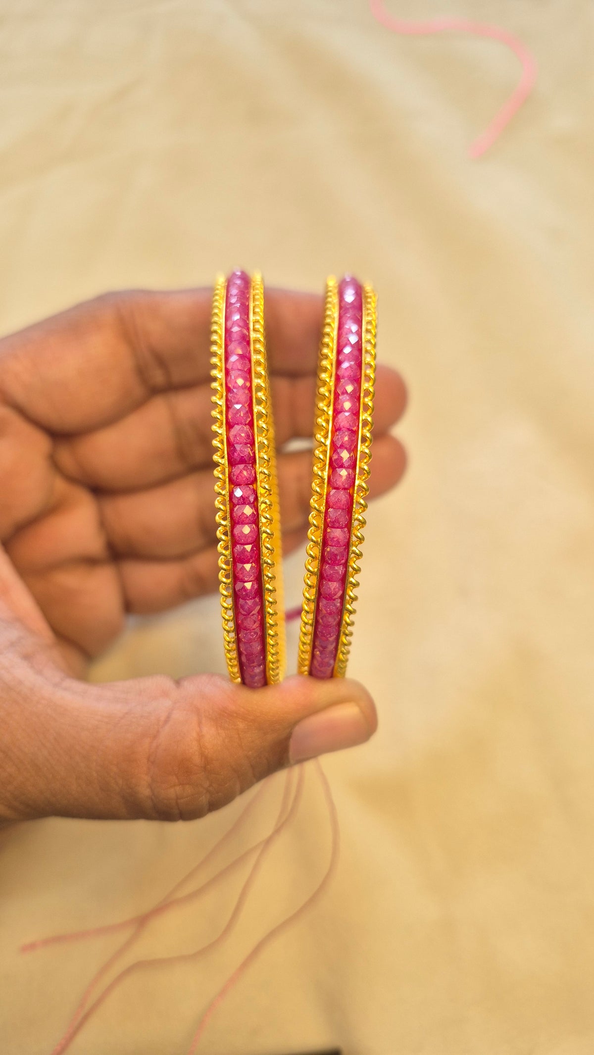 Dark Magenta Pink Beads in Silver String for Colour Changeable Bangle (1 Pair)