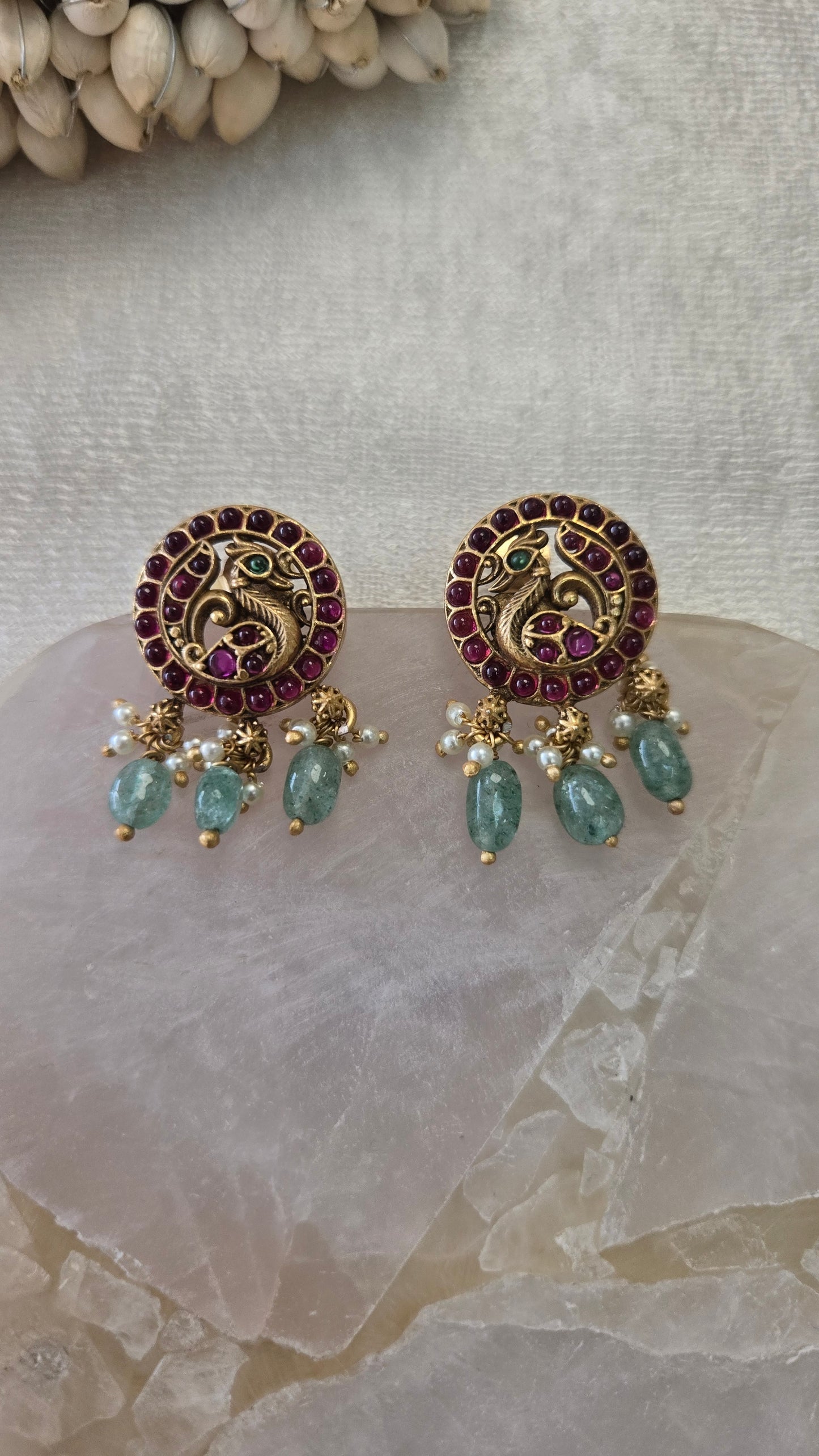 Peacock kundan earrings with green bead drops