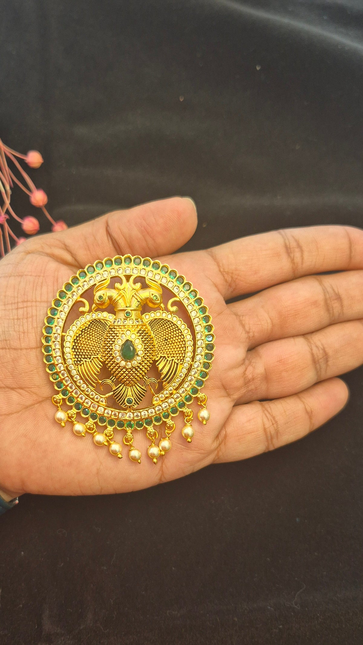 Ganda berunda pendant with green stones and Swarovski pearls