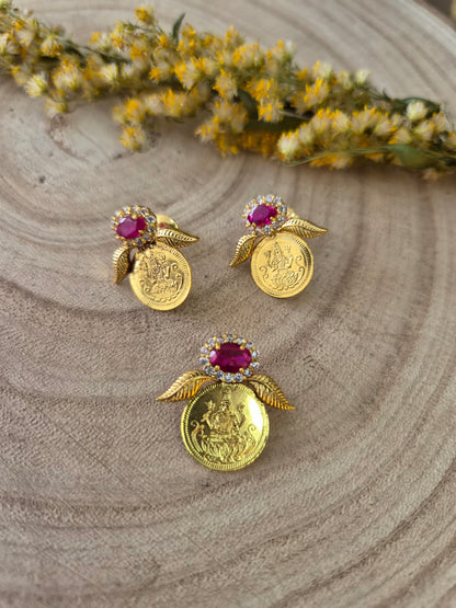 Lakshmi pendant Red stone Set with earrings