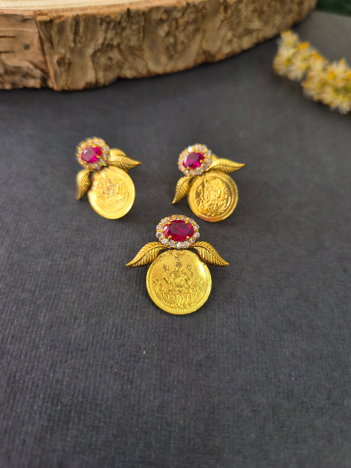 Lakshmi pendant Red stone Set with earrings