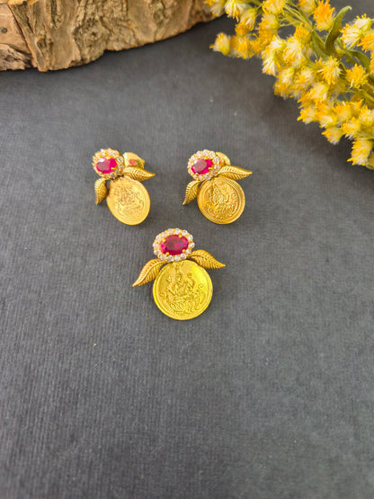 Lakshmi pendant Red stone Set with earrings