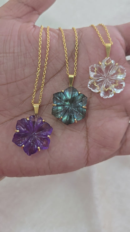 Labradorite flower carved gemstone pendant chain