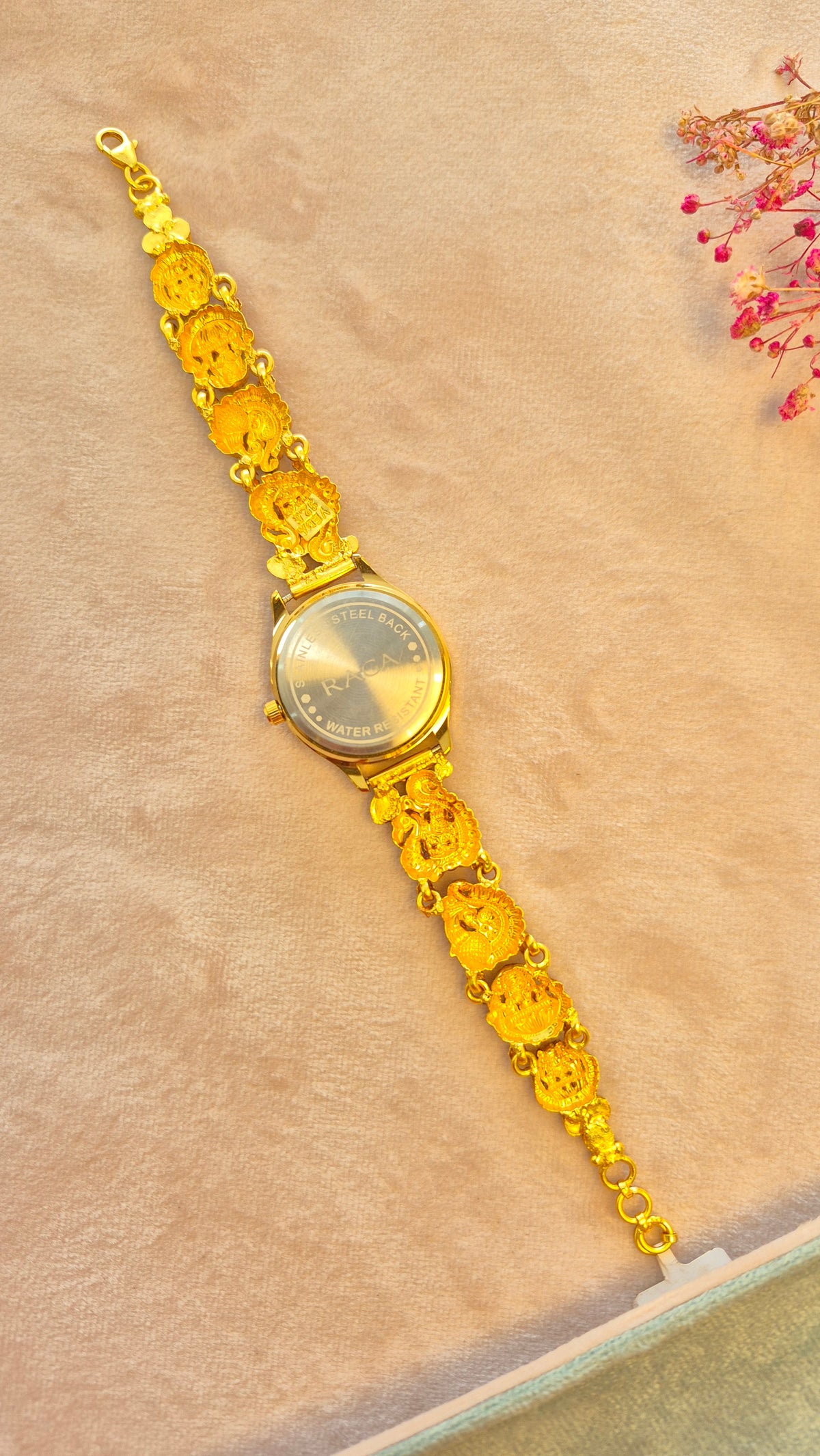 Peacock and lakshmi silver strap with black dial watch