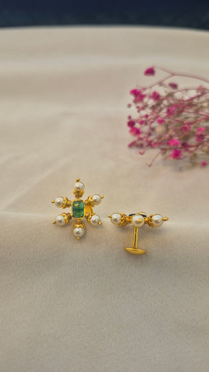 Pearl stud with center green rectangular stone