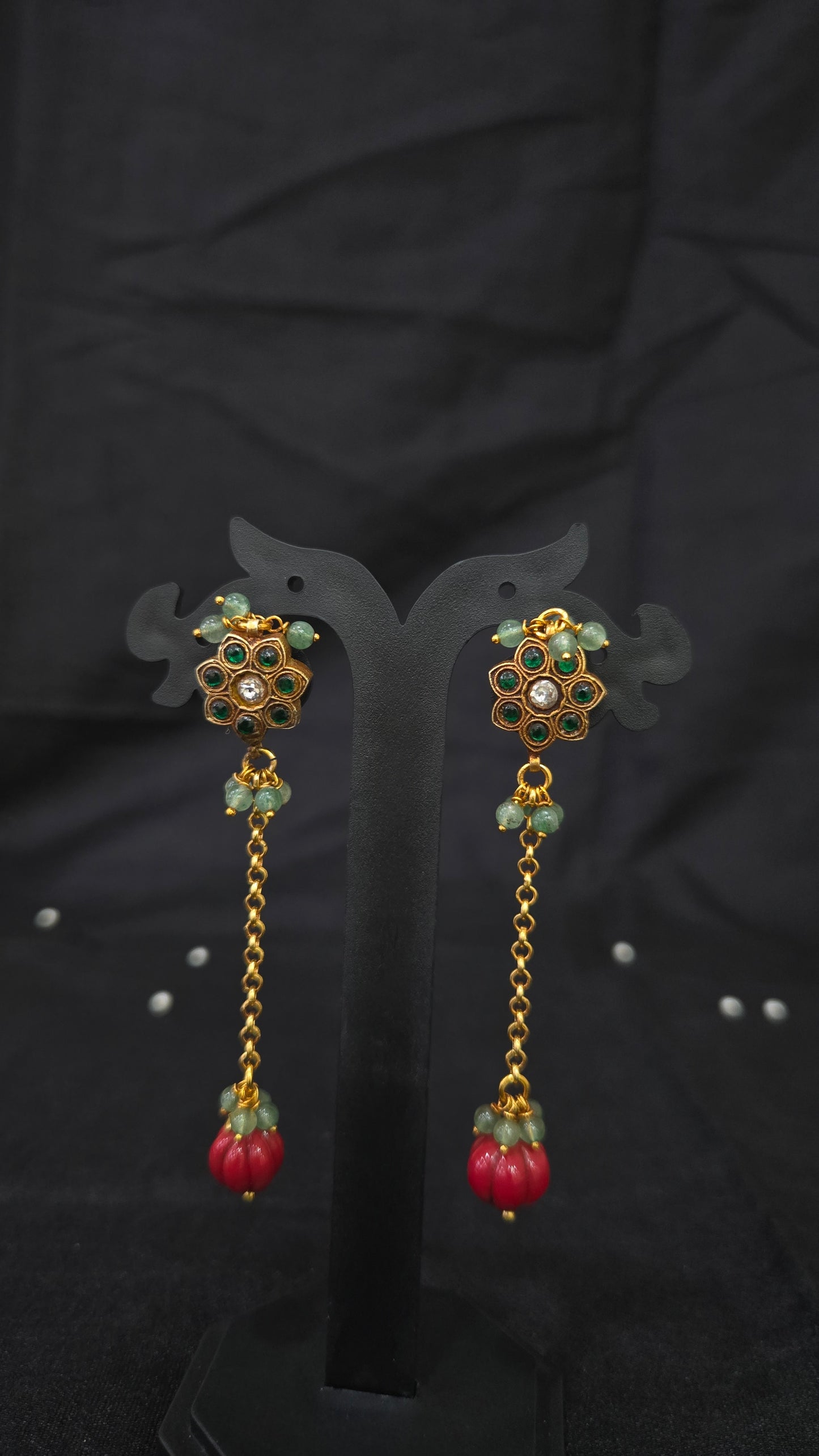 Green kundan with long coral drops