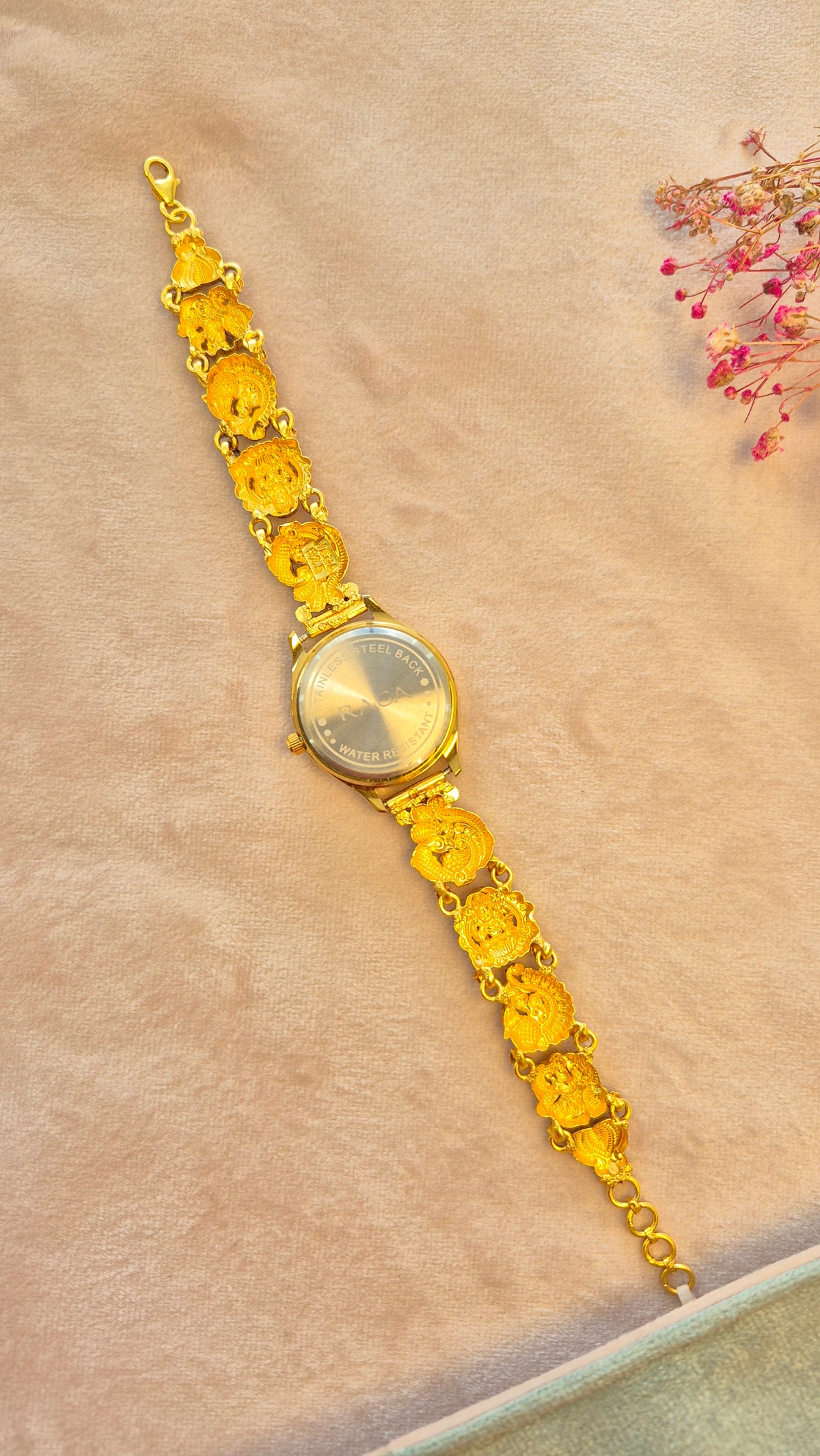Peacock and lakshmi silver strap with white dial watch