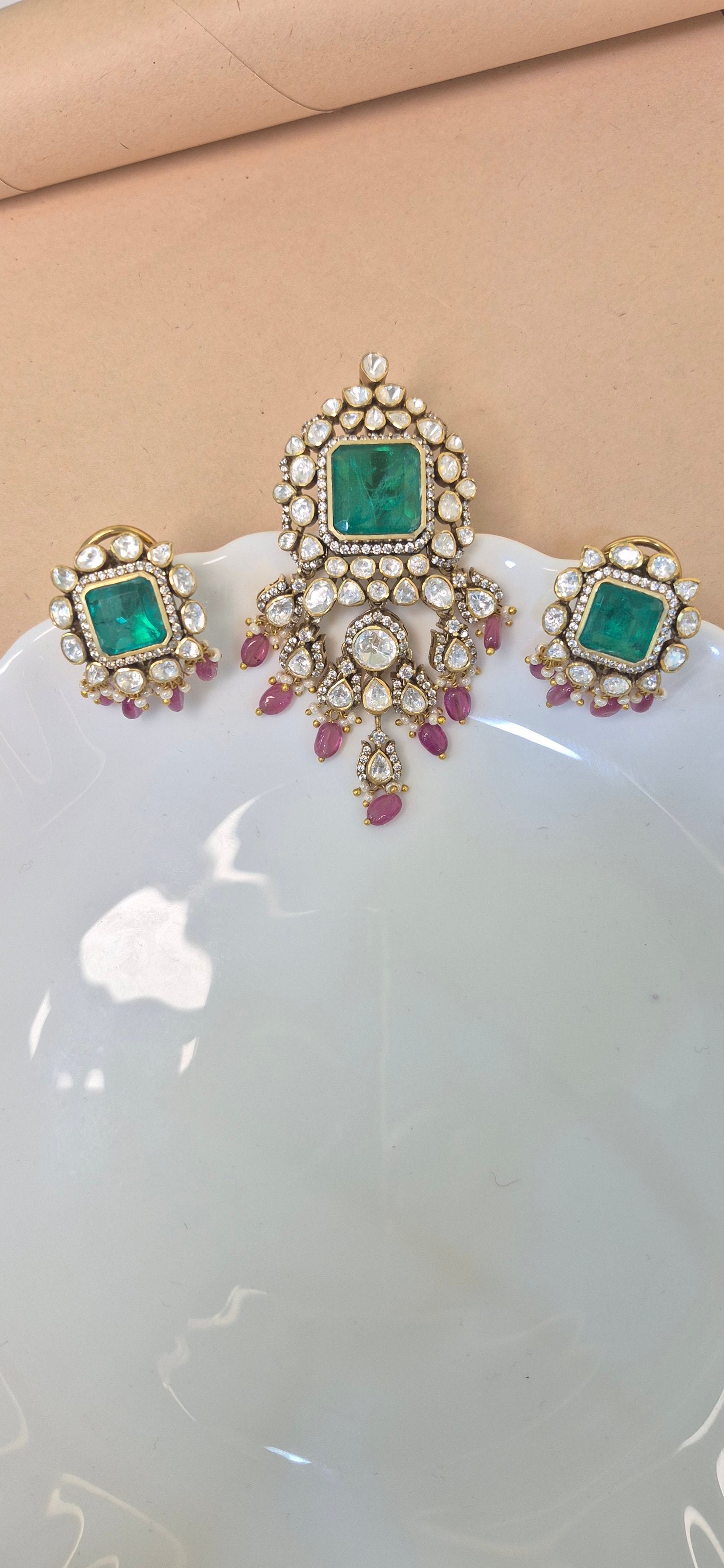 Polki moissanite long pendant and Earring set