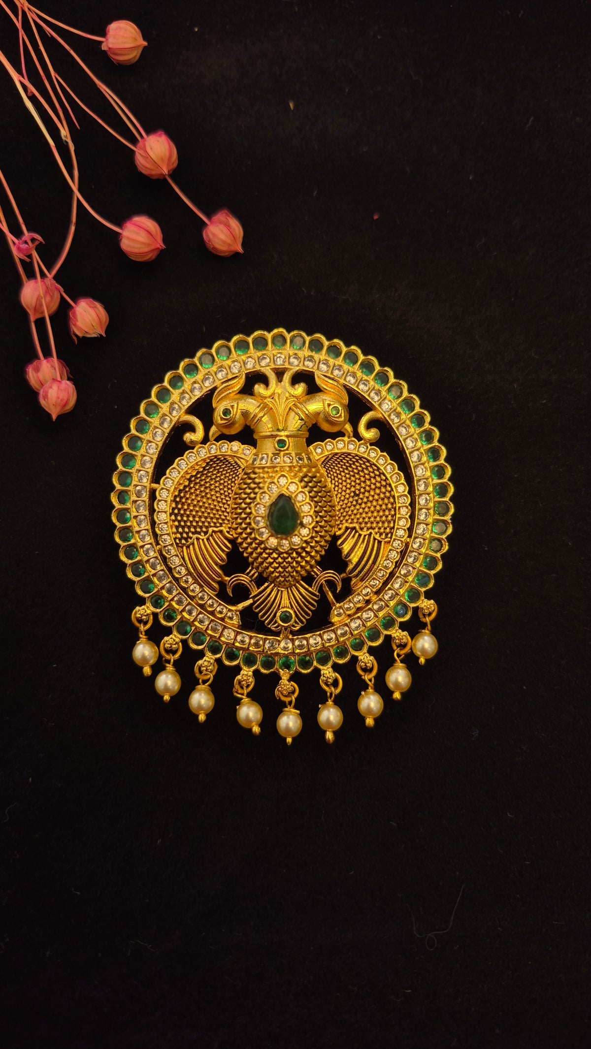 Ganda berunda pendant with green stones and Swarovski pearls