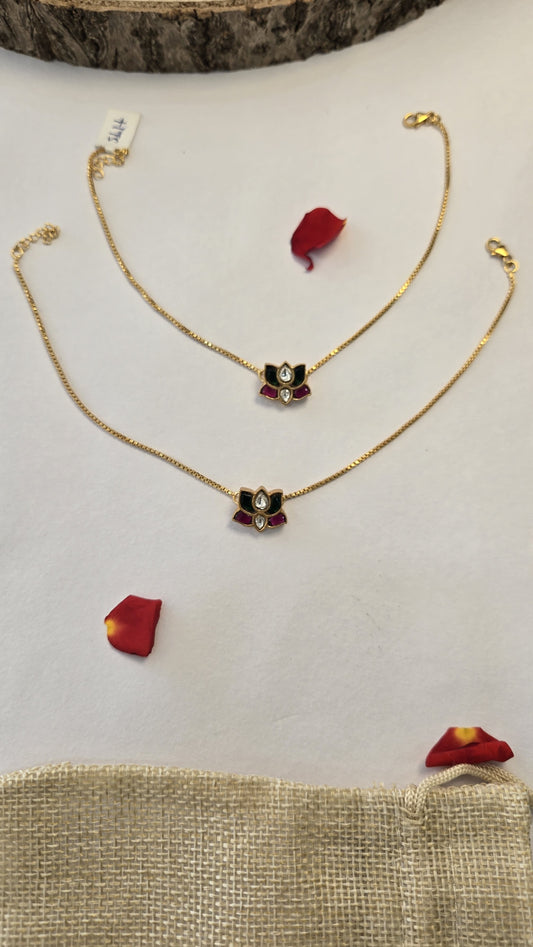 925 Silver with 24k gold polish Kundan Anklets with Lotus motifs