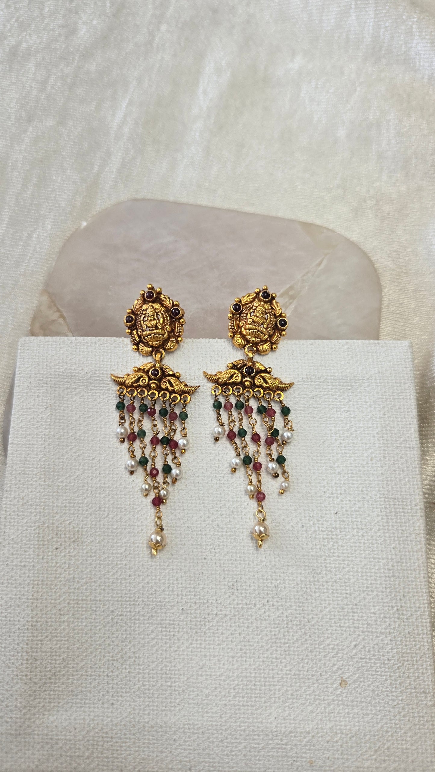 Pearl and green bead Hanging Nagas Earrings