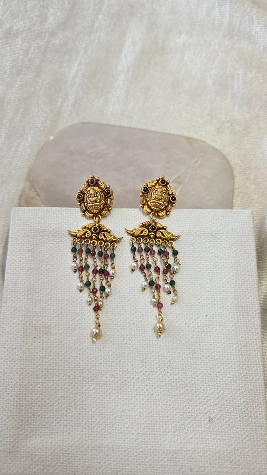 Pearl and green bead Hanging Nagas Earrings