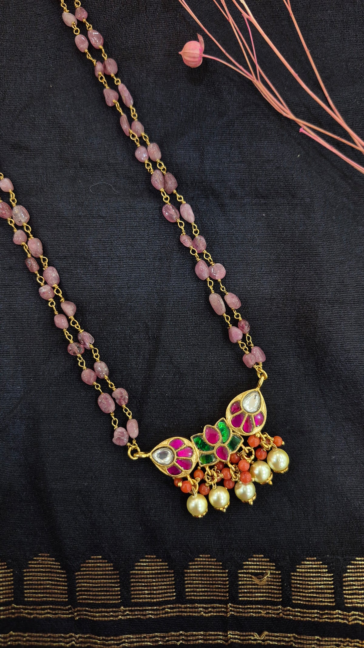 Ruby beads mala with kundan pendant