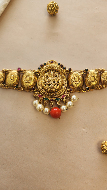 Choker cum Arm band with coral and pearls drops
