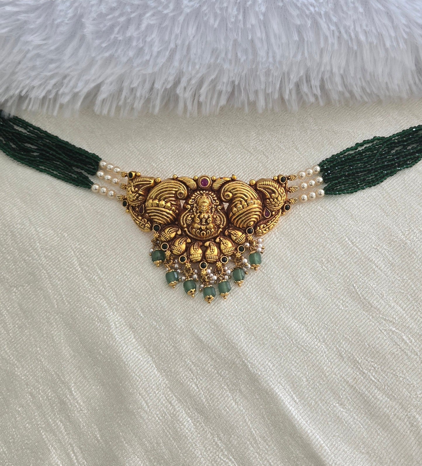 Green Beads with Laxmi Nagas pendant choker necklace
