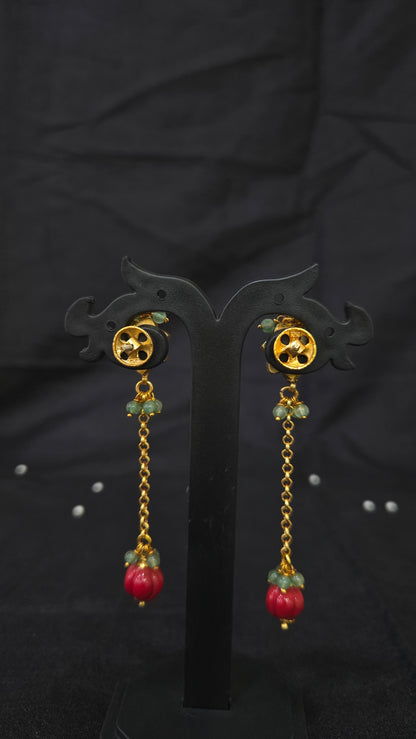 Green kundan with long coral drops