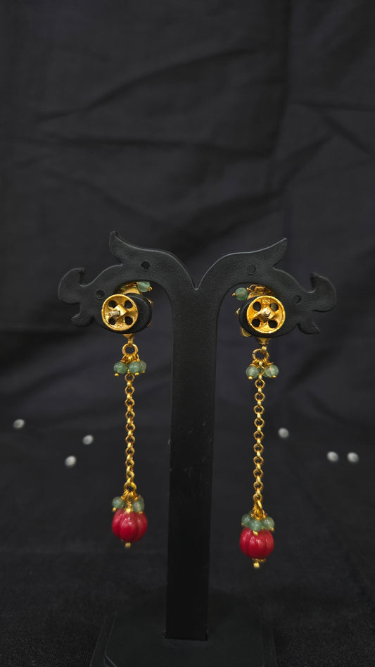 Green kundan with long coral drops