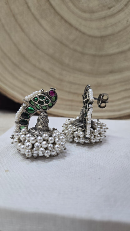 Kundan Parrot oxidised earring with real pearls