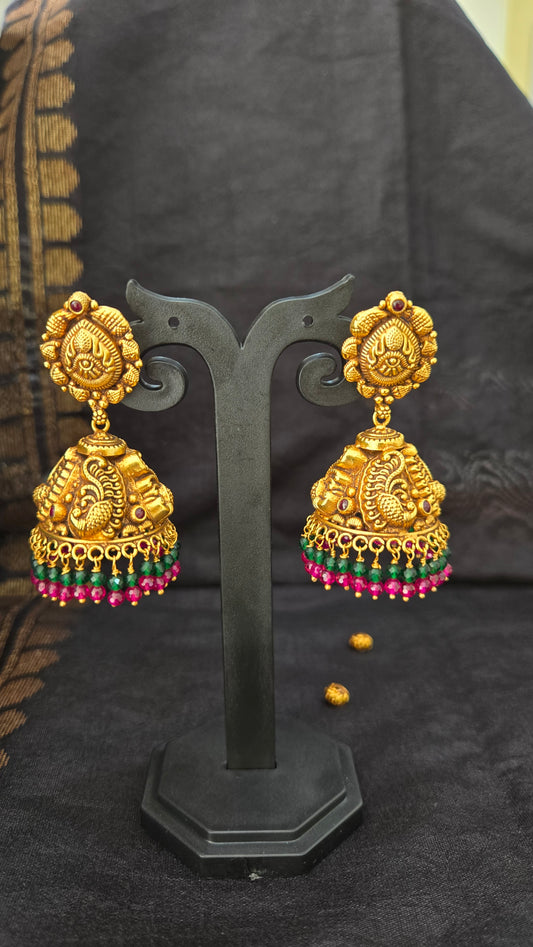 Big Nakas jhumka with green and pink bead drops