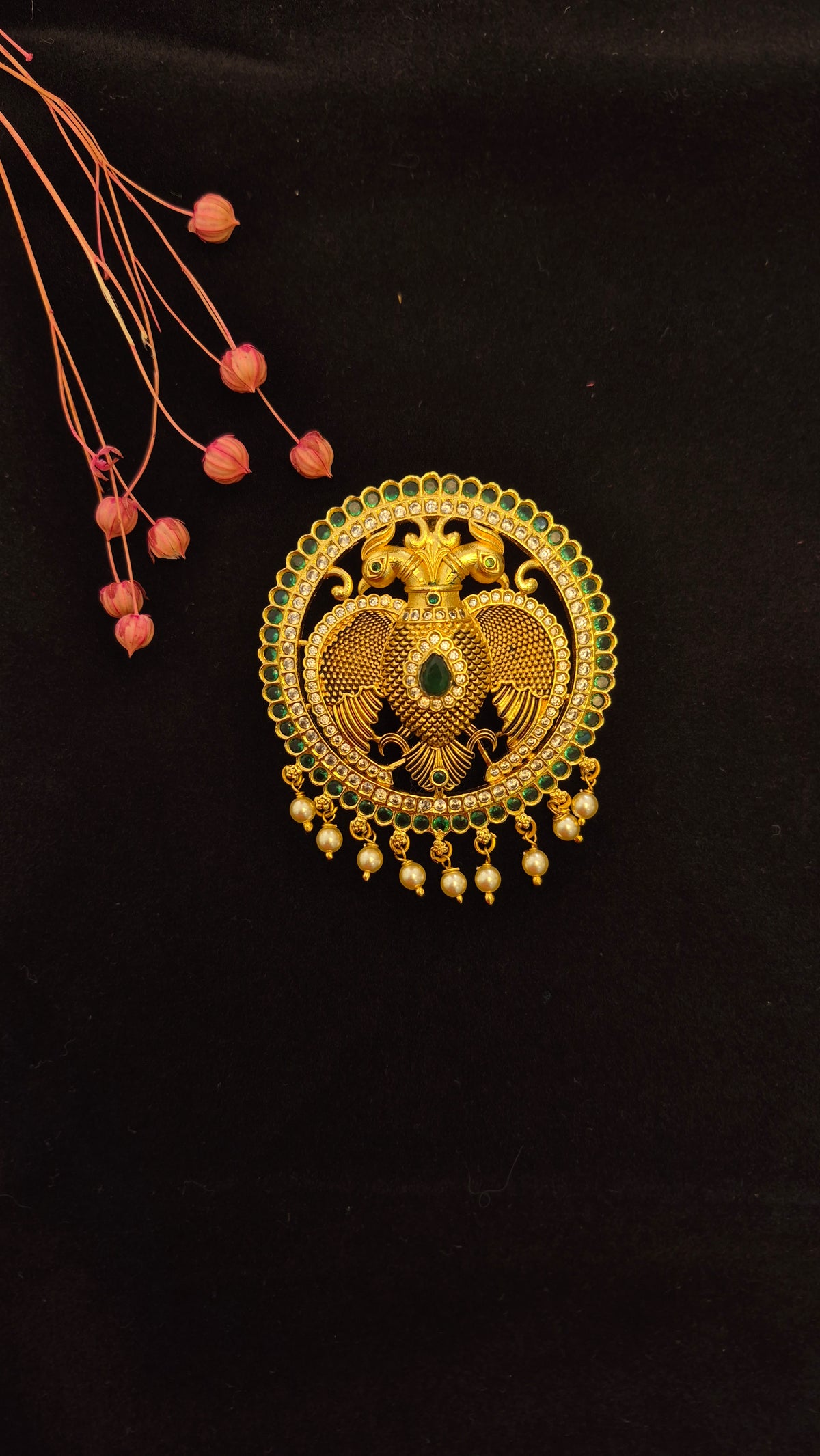 Ganda berunda pendant with green stones and Swarovski pearls