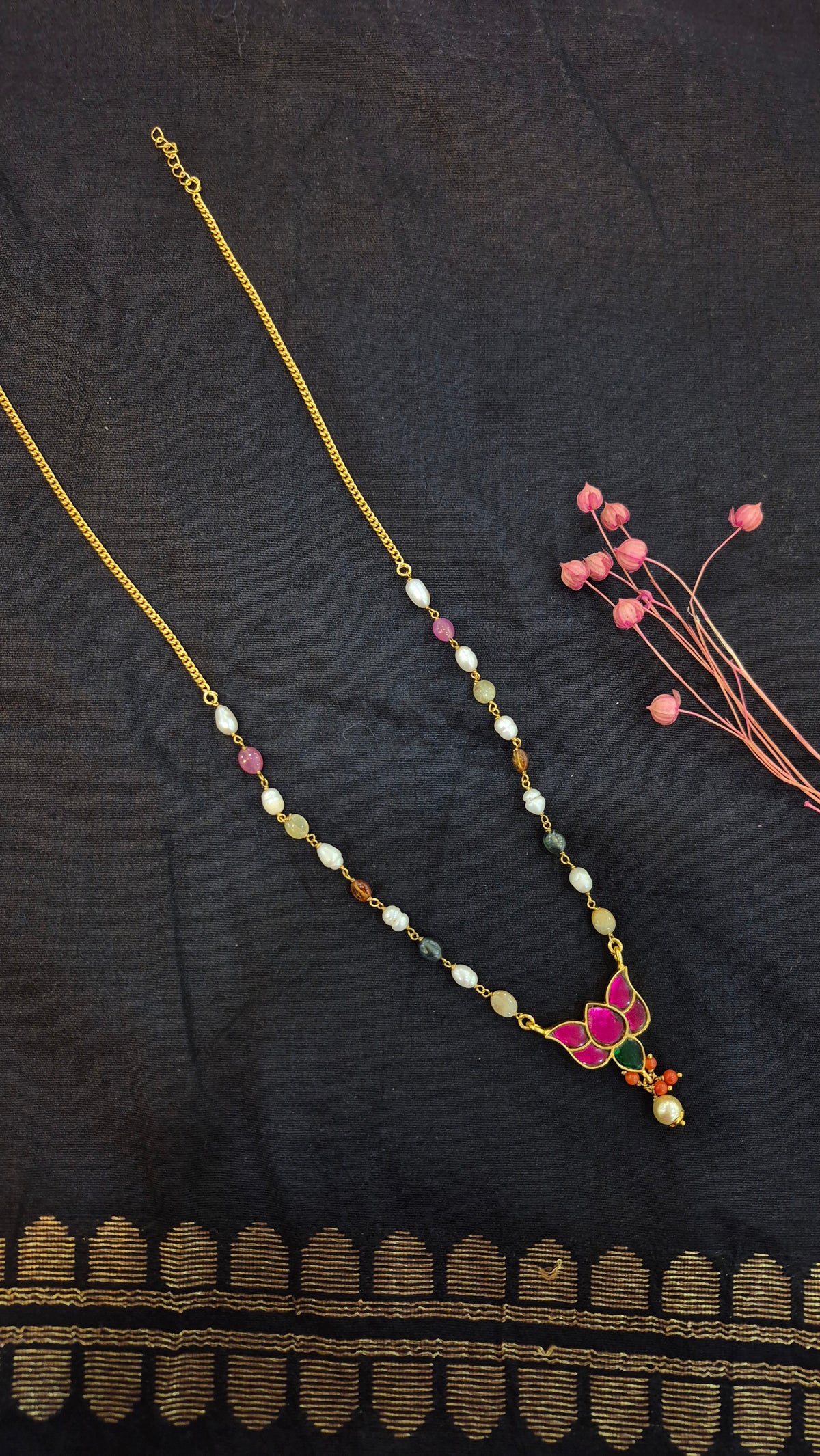 Navratna beads mala with kundan pendant