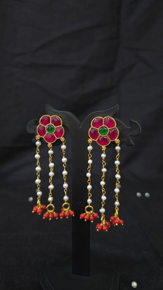 Kundan flower with long pearl and coral drops