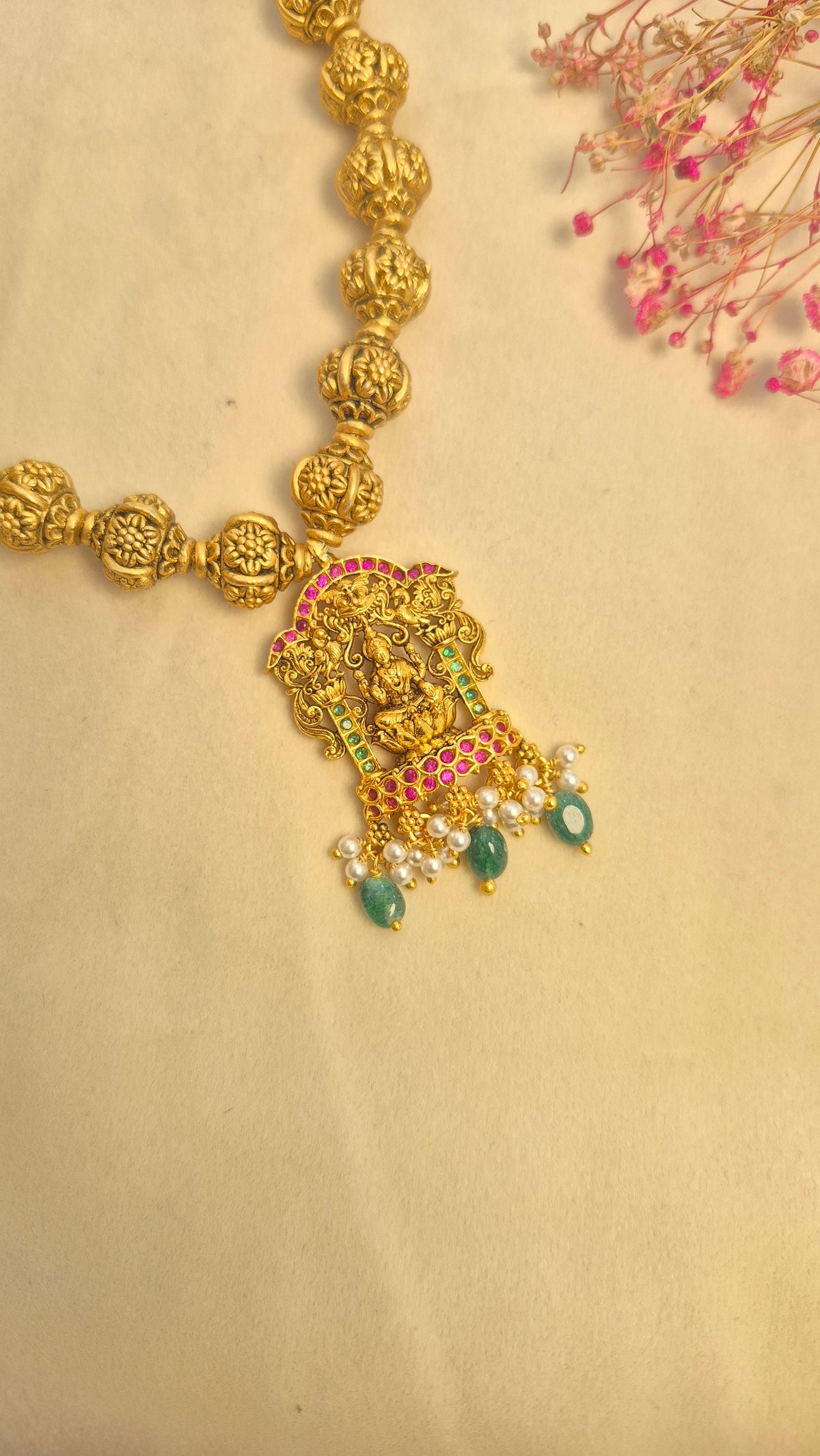 3D Ball chain Lakshmi red and green stone necklace with earrings set