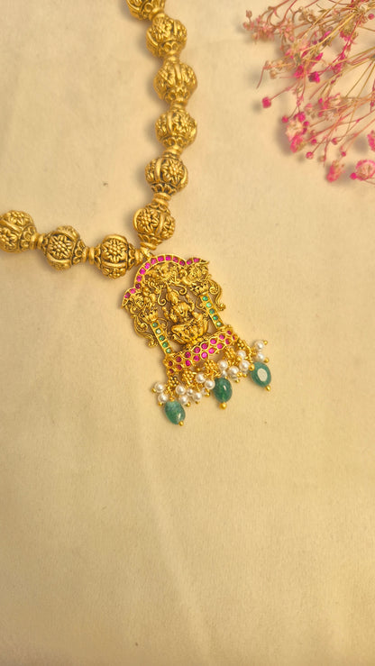 3D Ball chain Lakshmi red and green stone necklace with earrings set