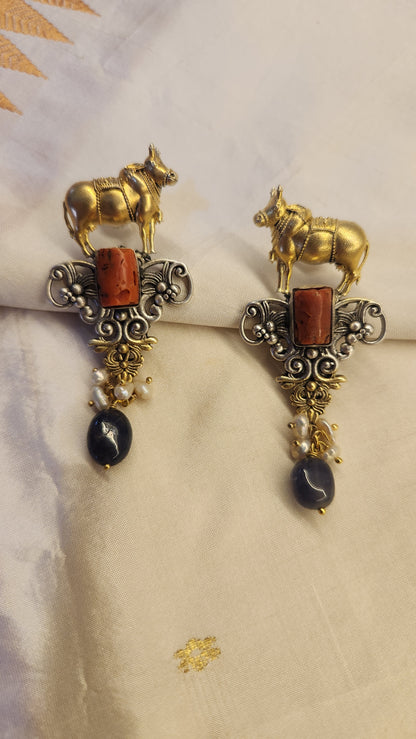 Dual tone oxidised Contemporary coral silver fusion Earrings with semi precious drops