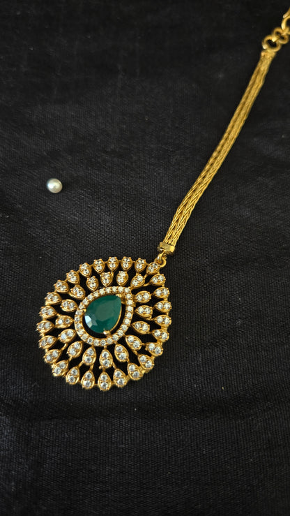 Cz maang tikka with center green stone