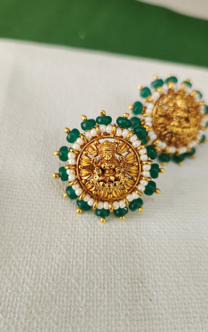Green pumpkin bead laxmi studs