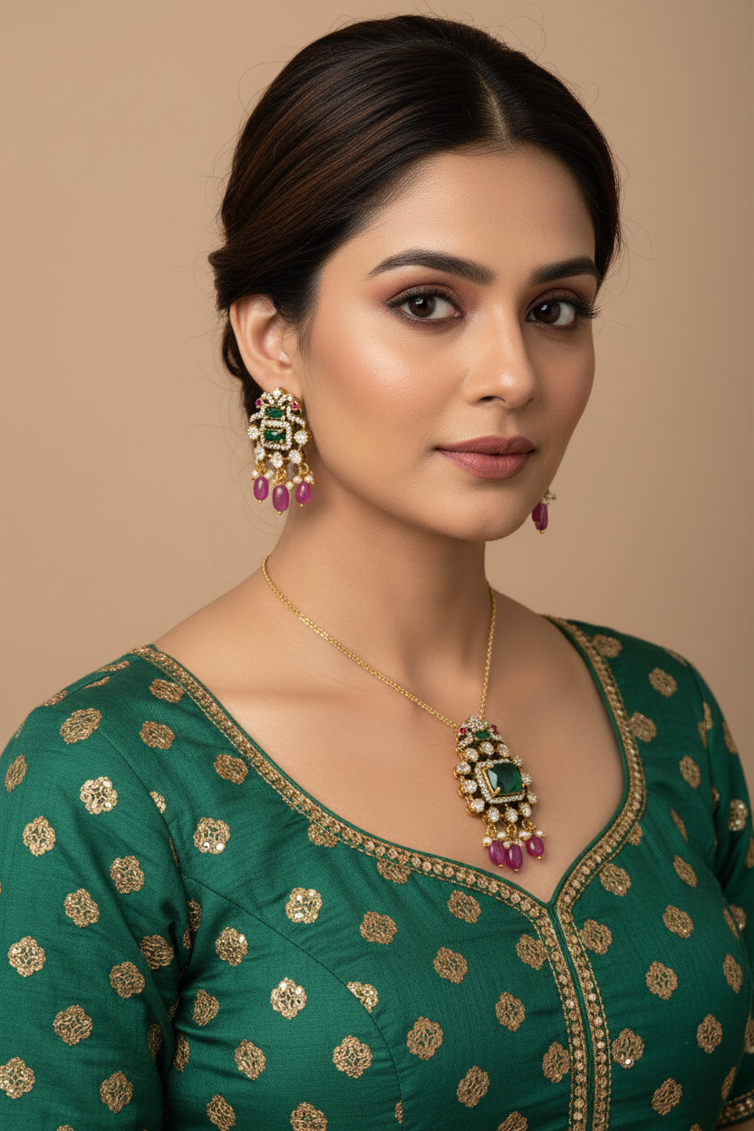 Polki moissanite small drop pendant set
