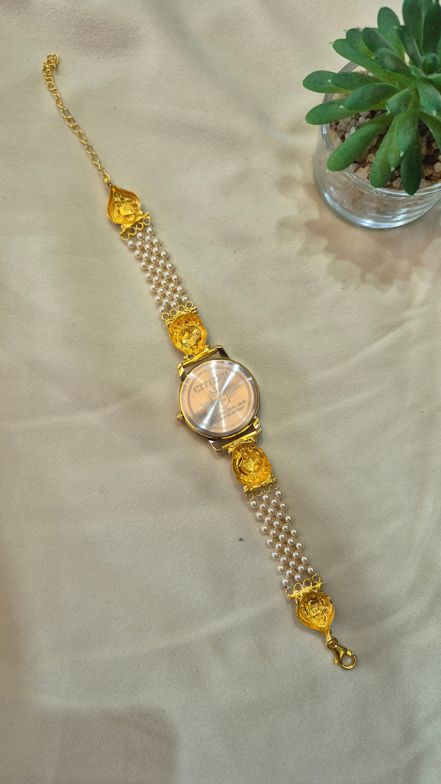 Gold Dial nakas pearl strap watch