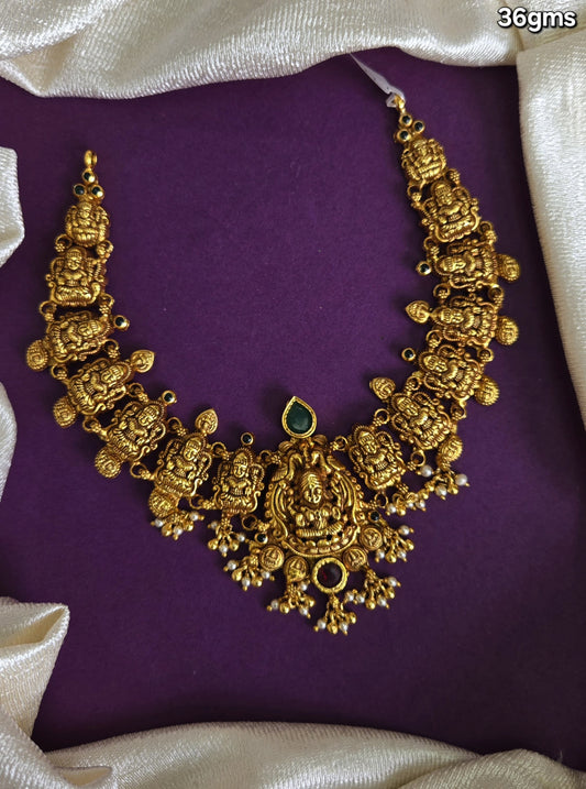 Laxmi green and red Nagas Necklace with pearls droppings