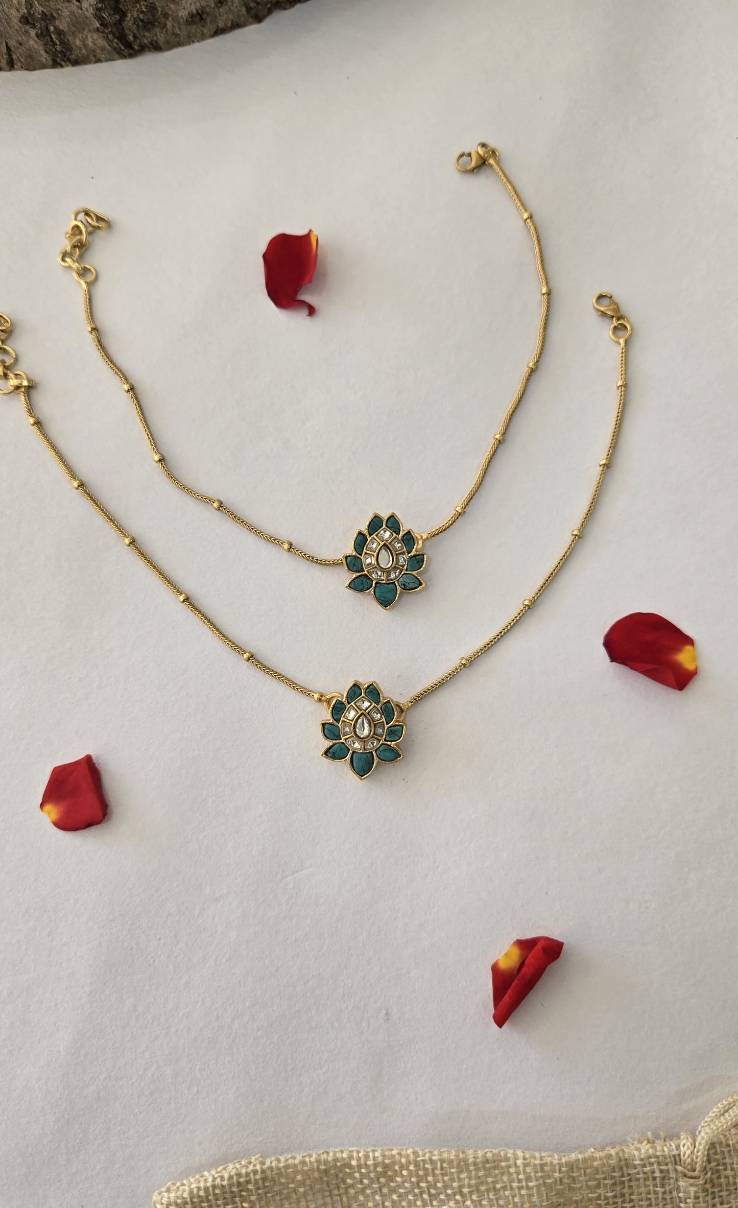 92.5 silver with 24k gold polish Turquoise Kundan Anklets