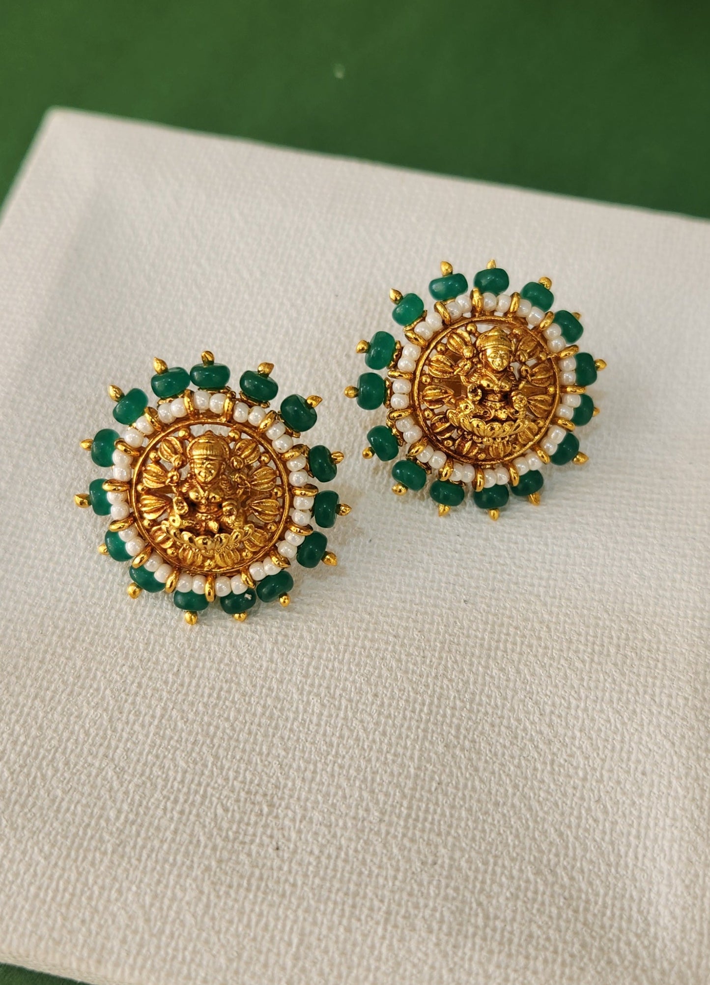 Green pumpkin bead laxmi studs