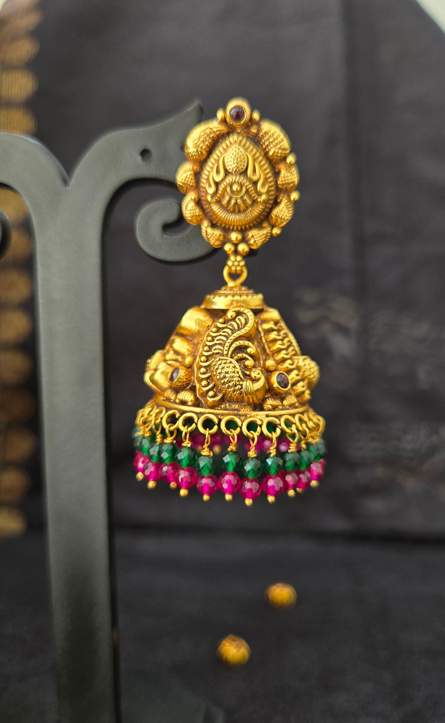 Big Nakas jhumka with green and pink bead drops