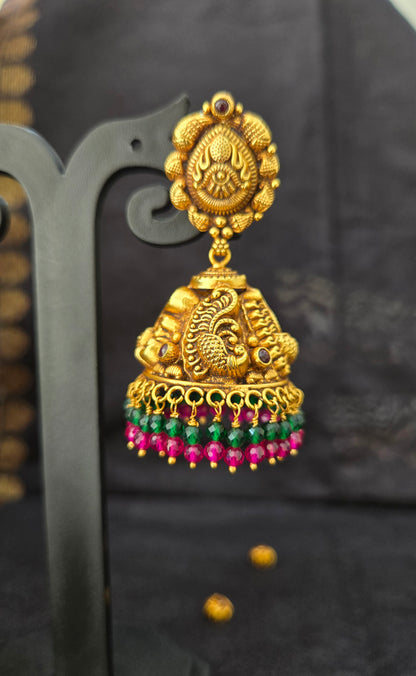 Big Nakas jhumka with green and pink bead drops